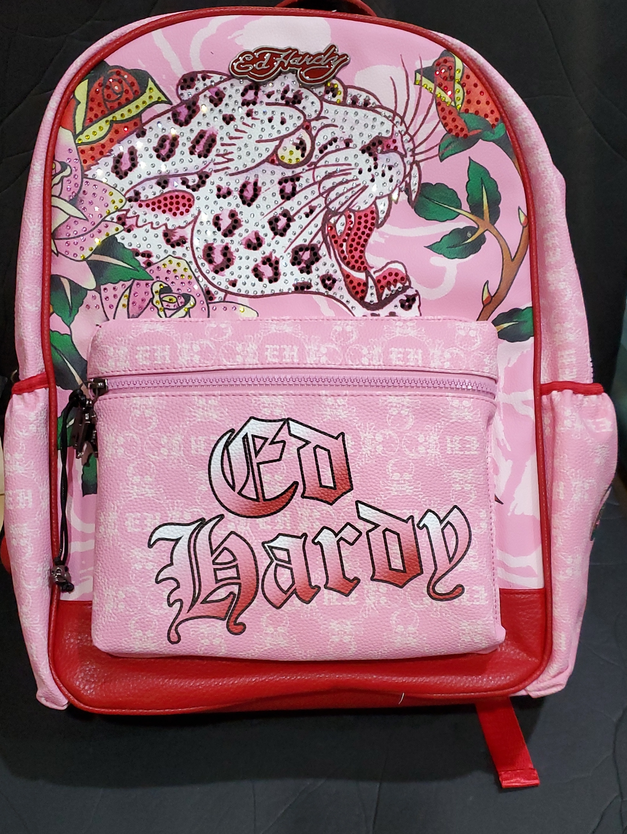 Ed Hardy Pink And Red Ed Hardy Tiger And Roses Gemstone Studded Backpack New